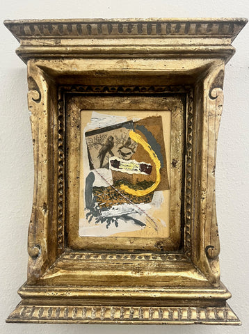 Mixed Media Abstract Collage Painting in Gold Ornate frame. This framed artwork can hang or sit on a table.